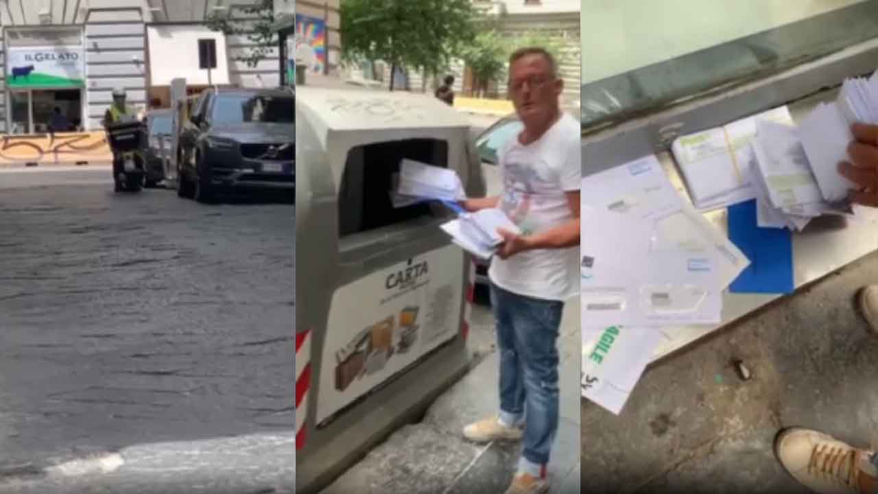 Napoli, un postino getta le lettere nella spazzatura (Screenshot)