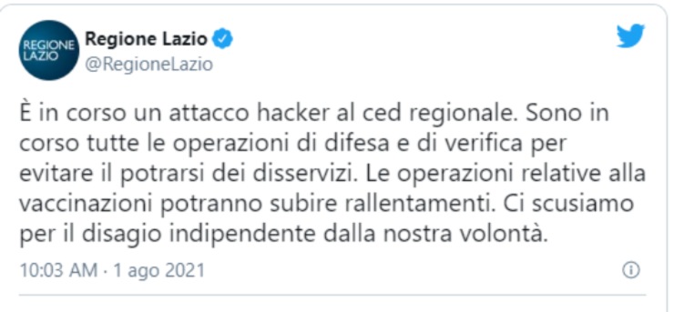 Screenshot Attacco hacker Regione Lazio