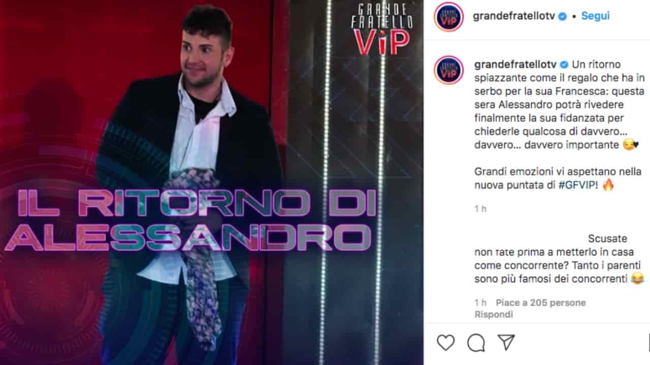 Post della pagine del Grande Fratello (fonte: screen Instagram)