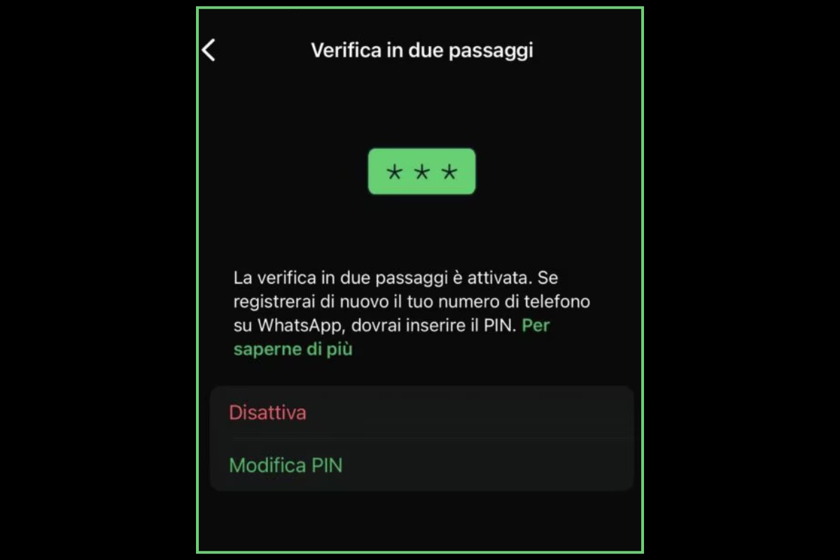 Screen della verifica a due passaggi WhatsApp